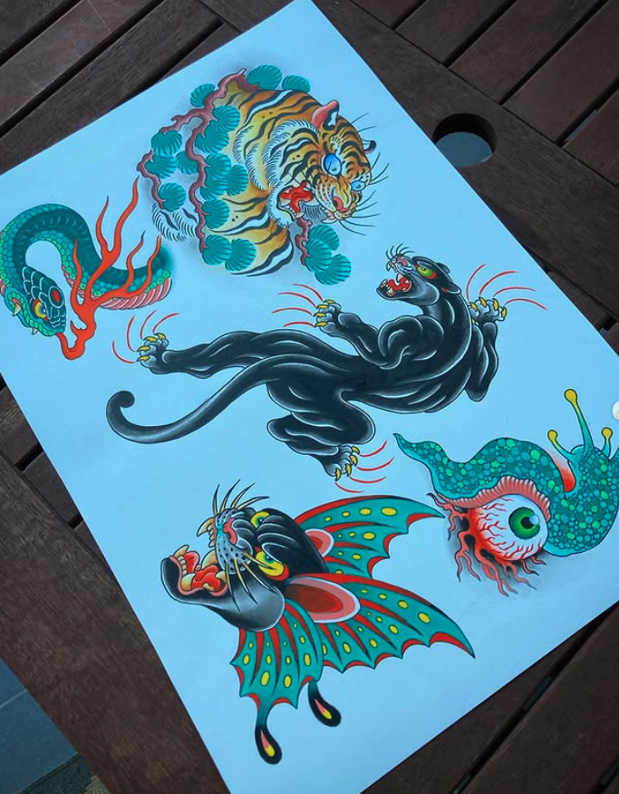 Tattoo-style illustration of a tiger, a dragon, a panther, a snake, and a fish, all depicted with vibrant colors and dynamic poses.