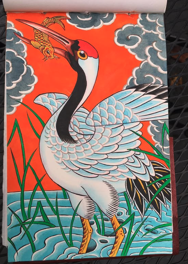 Colorful illustration of a large crane standing in water surrounded by green reeds, with a yellow dragonfly on its beak, against an orange sky with clouds.