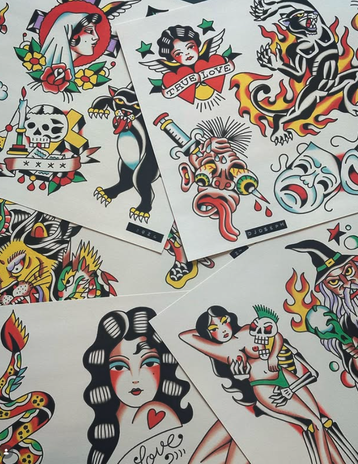 Collection of traditional style tattoo flash art sheets featuring various designs including a woman with a heart tattoo, a devilish figure with a skull, a woman labeled 'True Love,' a wolf, a skeleton with a candle, a screaming face, a tiger, a witch
