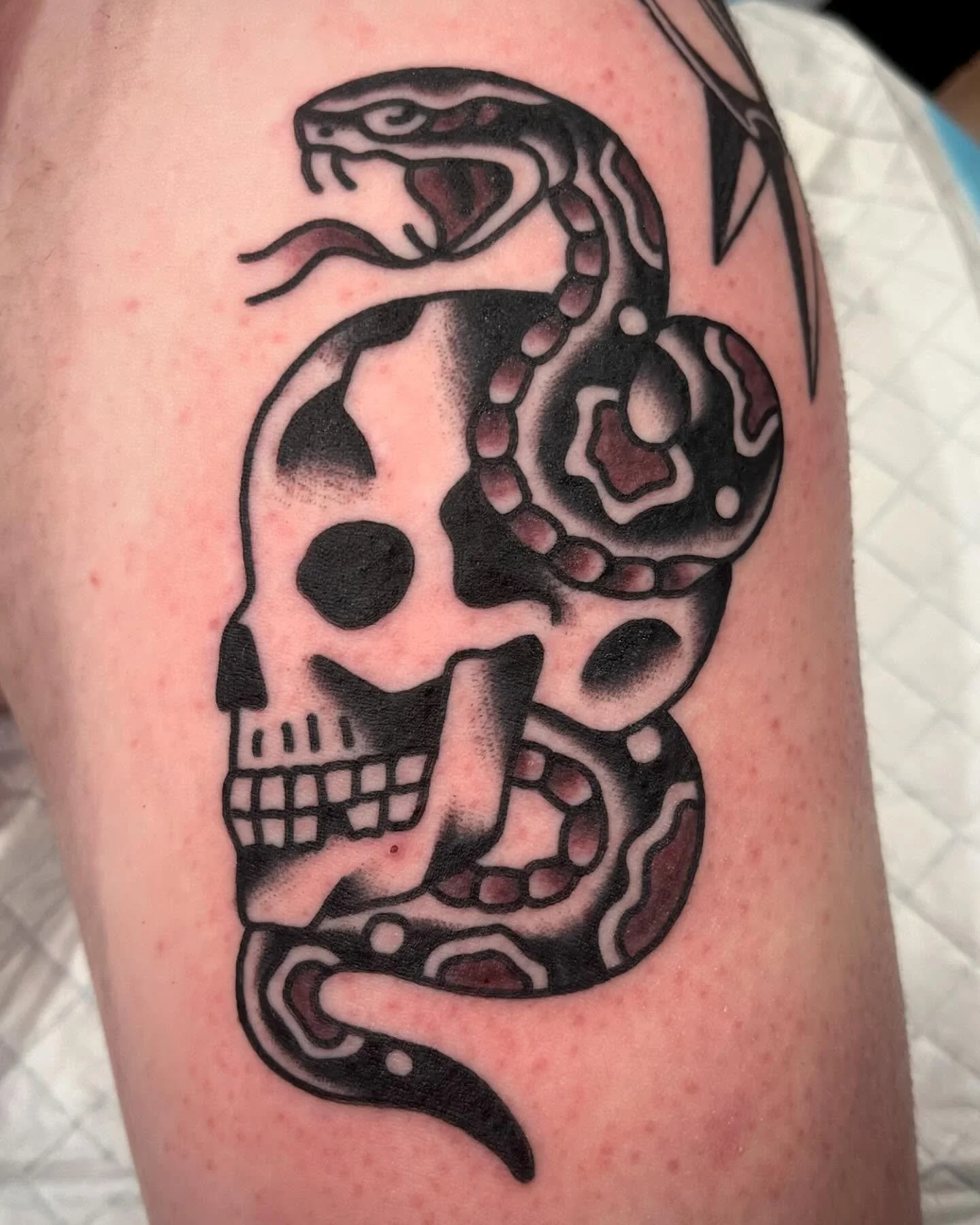 Tattoo of a snake, skull, and abstract designs on skin.
