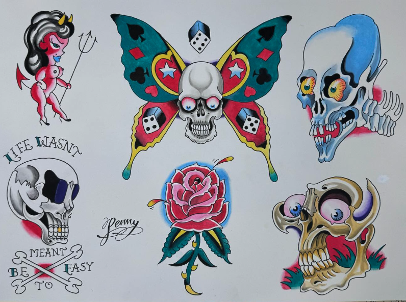 Tattoo-style artwork featuring a pink devil with wings and a pitchfork, a colorful butterfly with a skull face and dice, a blue and white skull with colorful eyes, a skull with the quote 'Life Wasn't Meant to Be Easy,' a pink rose with leaves, and a 