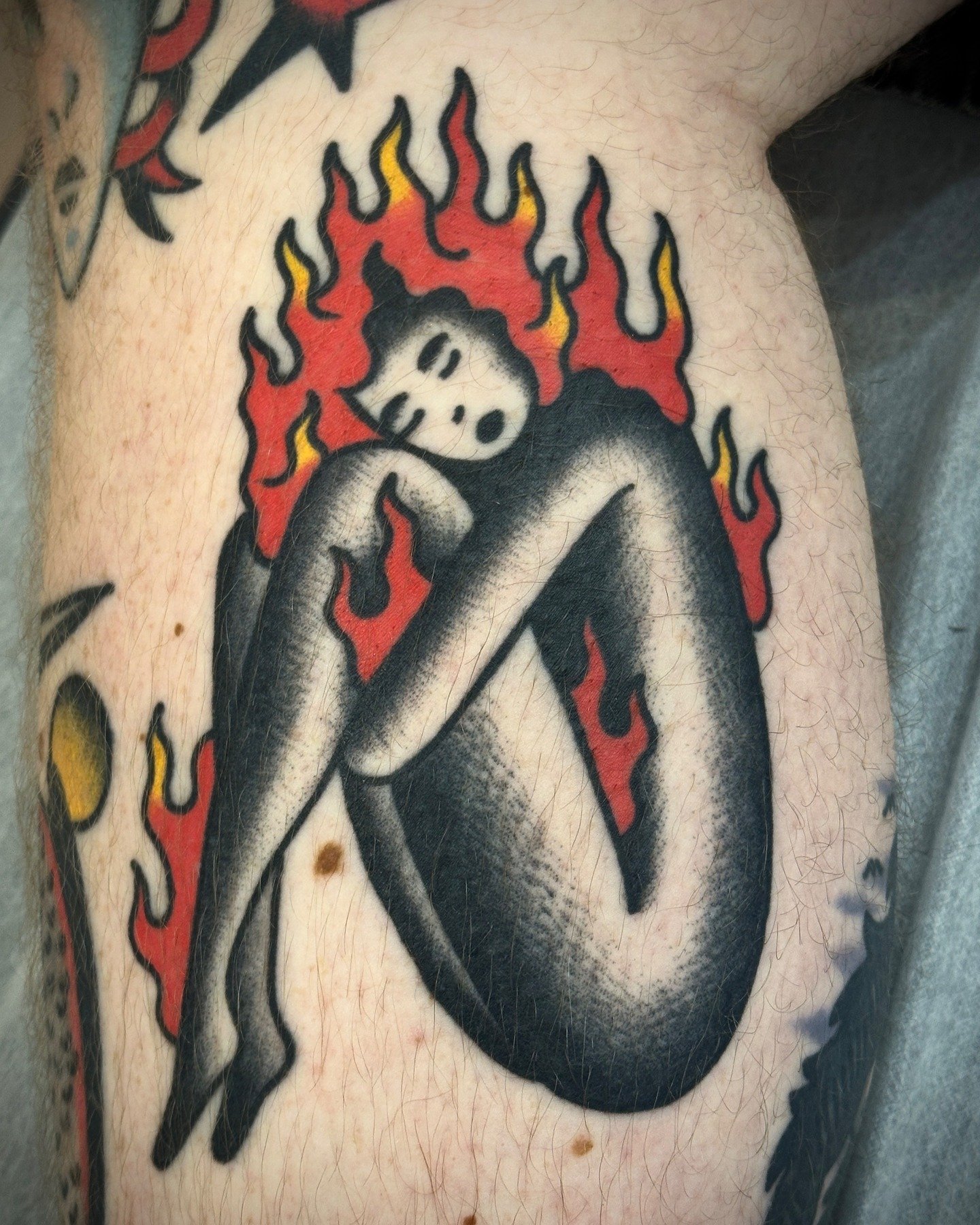 Traditional coloured girl on fire tattoo made at Tattoo Rosie's Surry Hills, Sydney