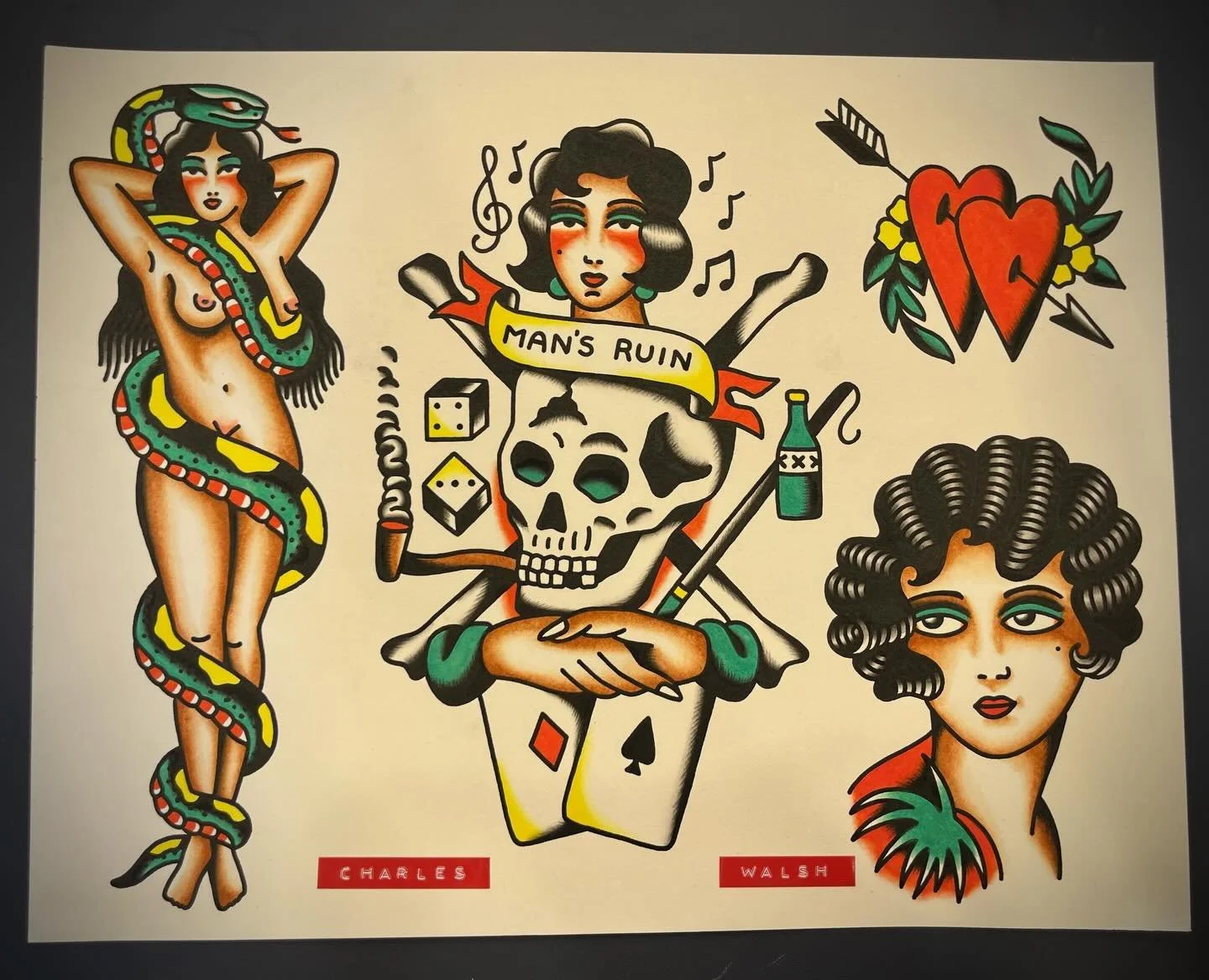 Tattoo-style artwork featuring a topless woman with a snake around her body on the left, a woman with dark curly hair and musical notes above her head in the center with a banner that reads 'Man's Ruin,' a skull with a banner, dice, a bottle, an arro