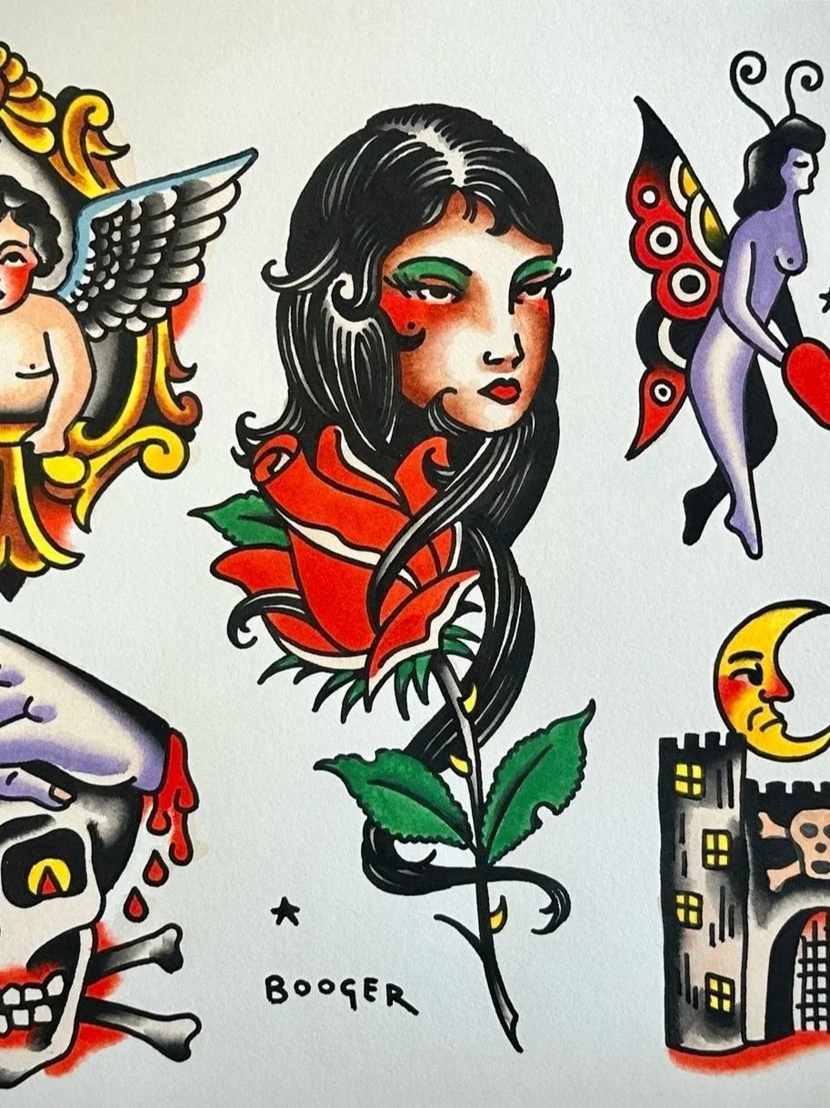 Traditional Tattoo Flash sheet of girl with rose tattoo by Booger