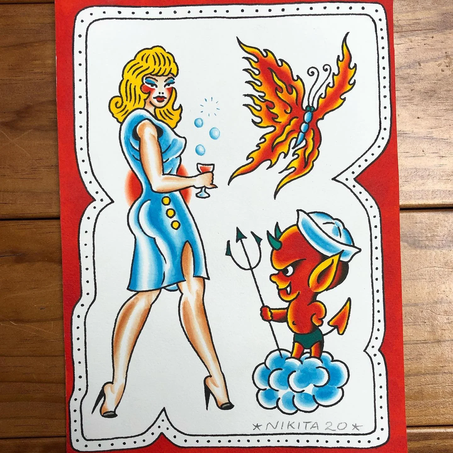 Colorful illustration of a woman in a blue dress holding a glass, a flying firebird, and a small devil-like creature with a trident, wearing a sailor hat, standing on a cloud.