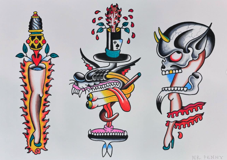 Three tattoo-style illustrations on a white background: a flaming sword with a skull on top on the left, a cartoonish dragon with a drumstick, teapot hat, and red tongue in the center, and a skull with demonic horns, red eyes, and a red snake wrapped