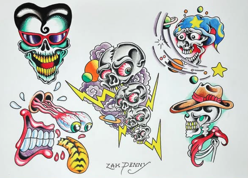Collection of colorful, cartoon-style skulls and horror-themed illustrations, including a skull with sunglasses, a skull with a hat, a series of smaller skulls with lightning bolts, and a skull with a tongue sticking out.