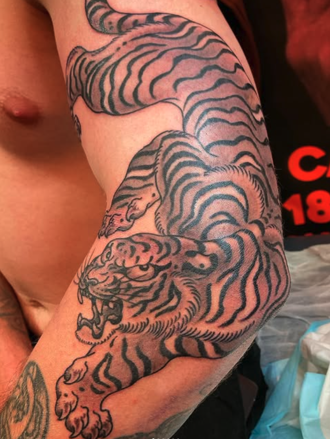 Tattoo of a tiger on a person's upper arm, showing the tiger in a crouching position with its mouth open, detailed with black and gray shading.