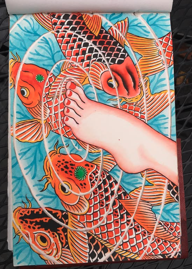 A foot stepping on a colorful illustration of several koi fish swimming in water.