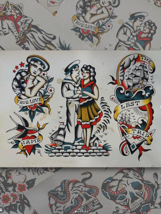 Traditional sailor and love-themed tattoo flash designs, including a couple dancing, a woman with a banner reading "True Love," a ship with the banner "The Last Trip," a swallow bird, skulls, and roses.
