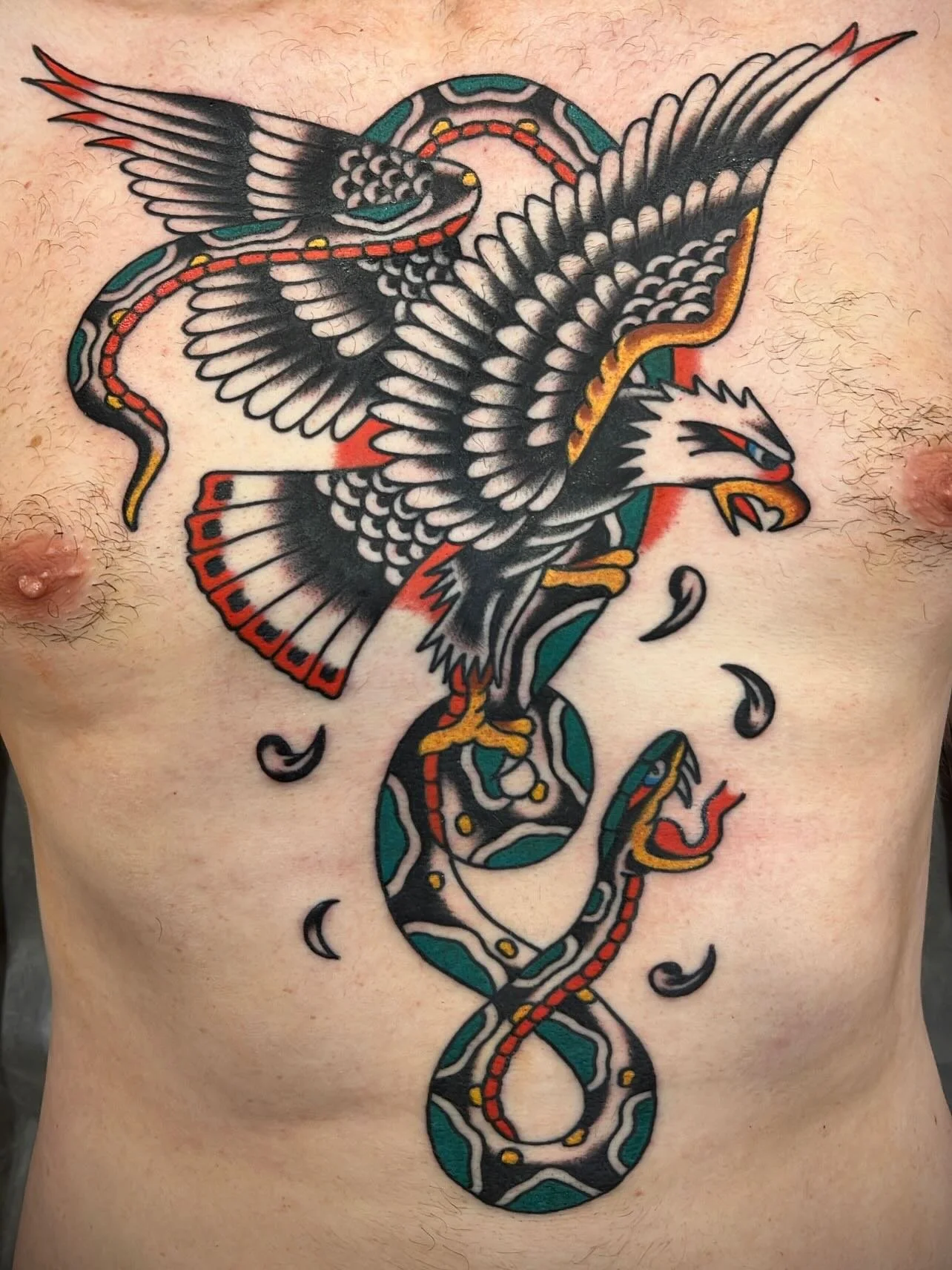 Traditional tattoo of a snake intertwined with an eagle on a person's chest.