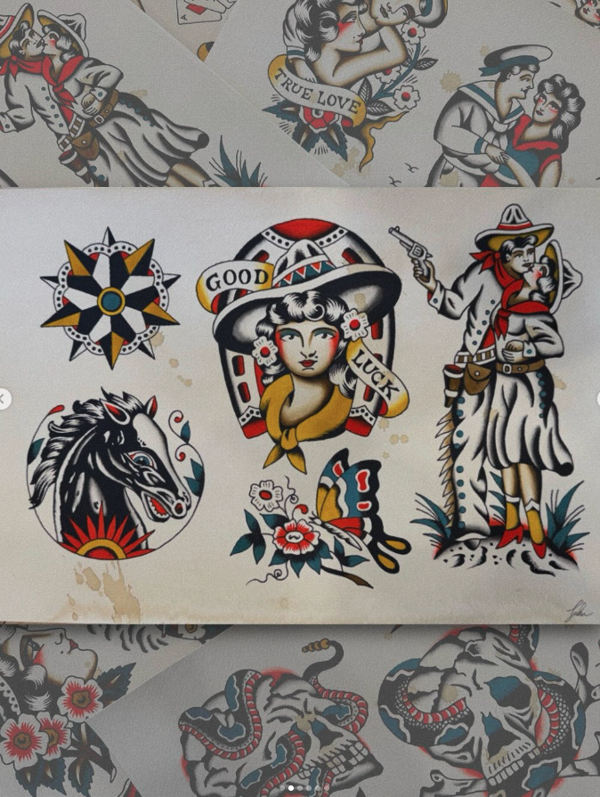Traditional American tattoo flash sheet featuring classic designs including a woman with a hat labeled "Good Luck," a warrior holding a gun and a woman, a horse head, decorative flowers, a skull with a serpent, and a nautical star.