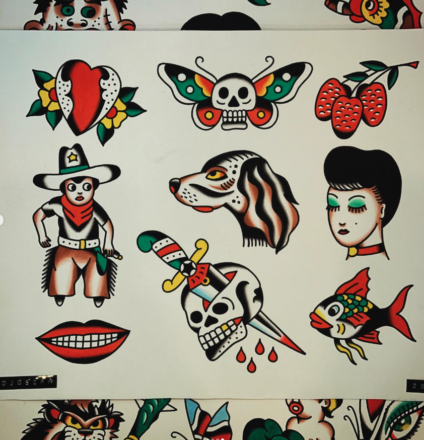 Collection of traditional tattoo flash designs including a heart with flowers, butterfly skull, strawberries, woman with dark hair, dog, smiling mouth, pirate skull with sword, and a fish with a fishing hook.