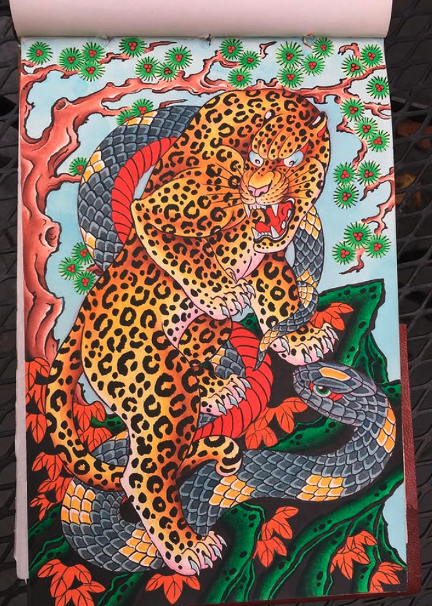 Colorful illustration of a fierce jaguar attacking a large snake in a jungle scene with green trees and orange leaves.