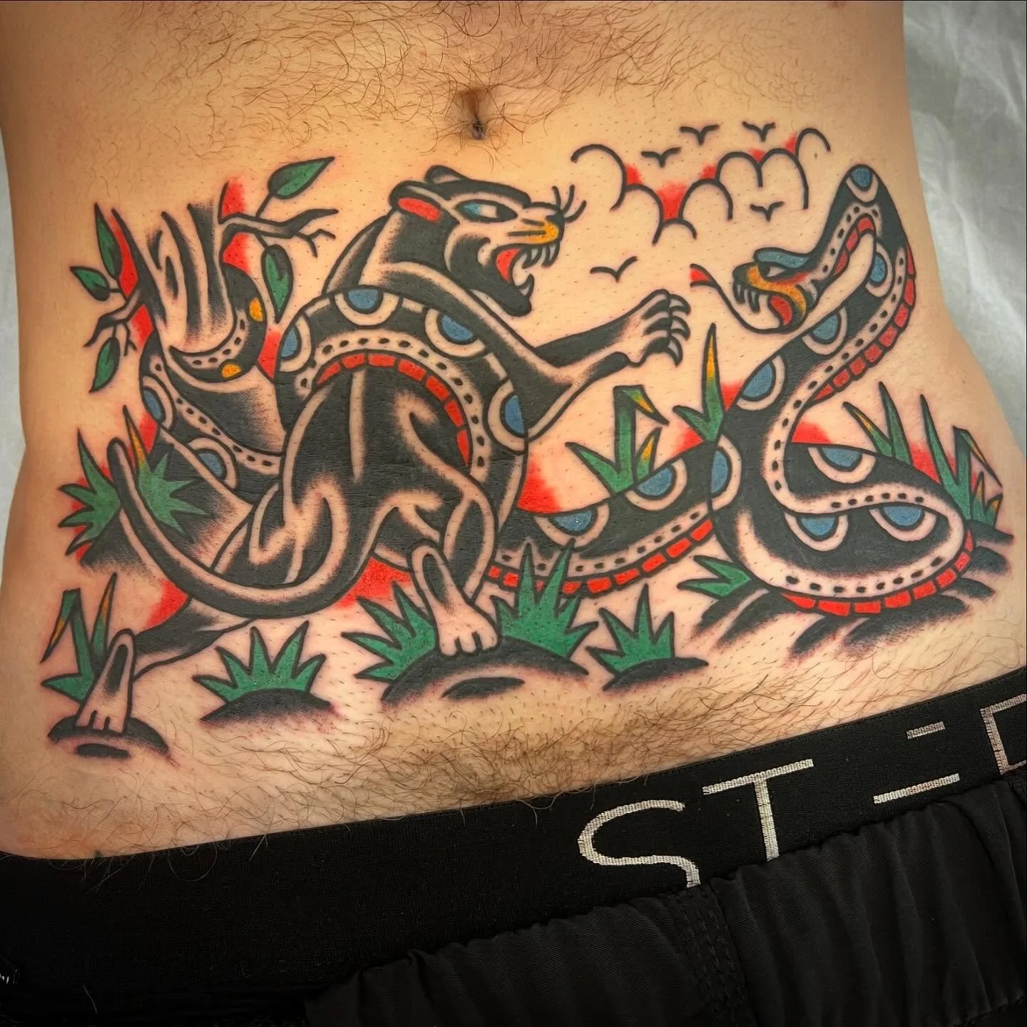 Tattoo of a traditional style scene with a black panther fighting a snake, surrounded by green plants and birds in the sky.