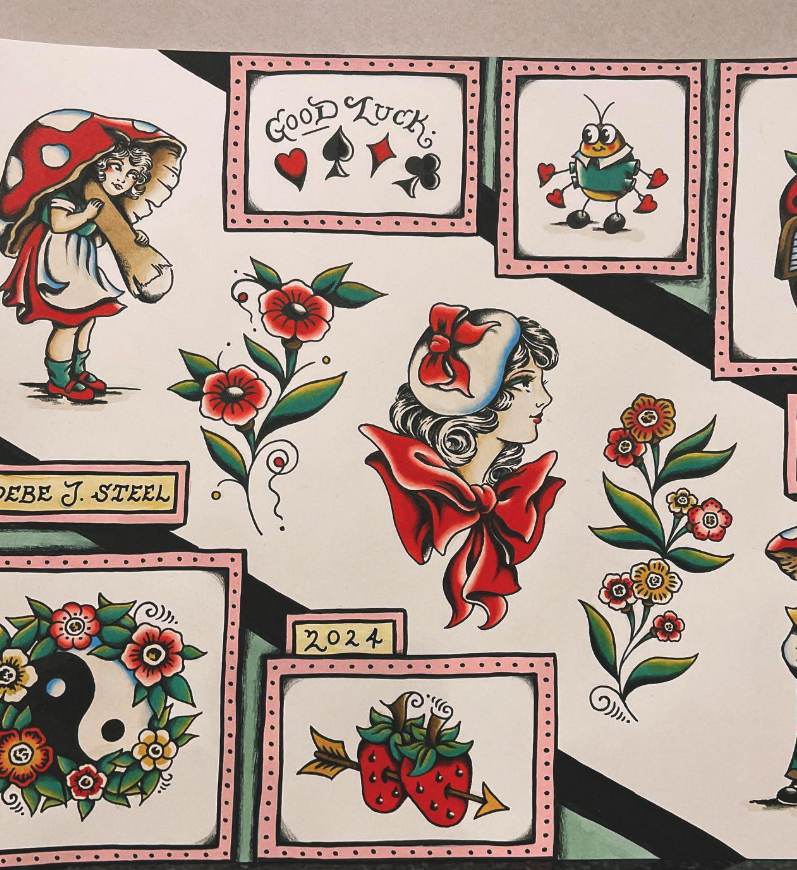 Tattoo art featuring a girl with mushroom hat, floral designs, a strawberry, playing card symbols, and cartoon bee holding hearts, with the words 'Good Luck'