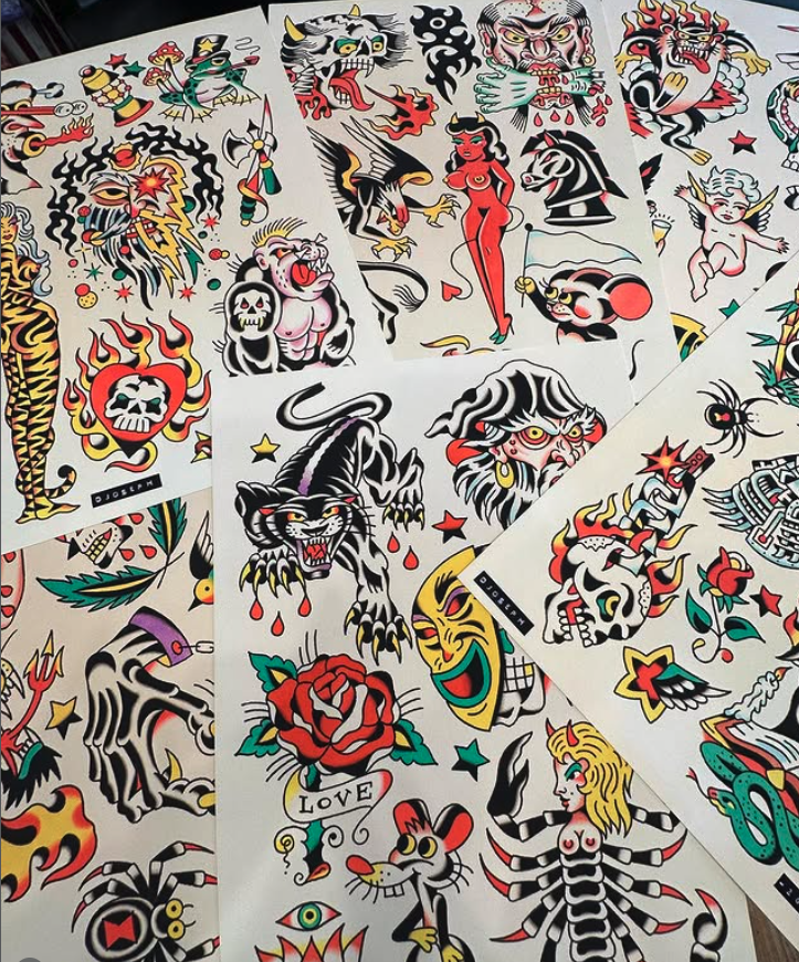 A collection of traditional Japanese-style tattoo flash sheets featuring various designs, including fierce animals, mythical creatures, skulls, flowers, and human figures.