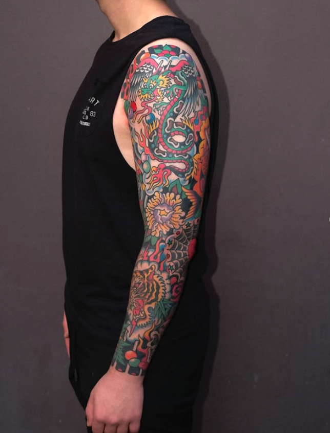 Traditional colour sleeve tattoo made by Benjamin Hastings at Tattoo Rosies, Surry Hills, Sydney 