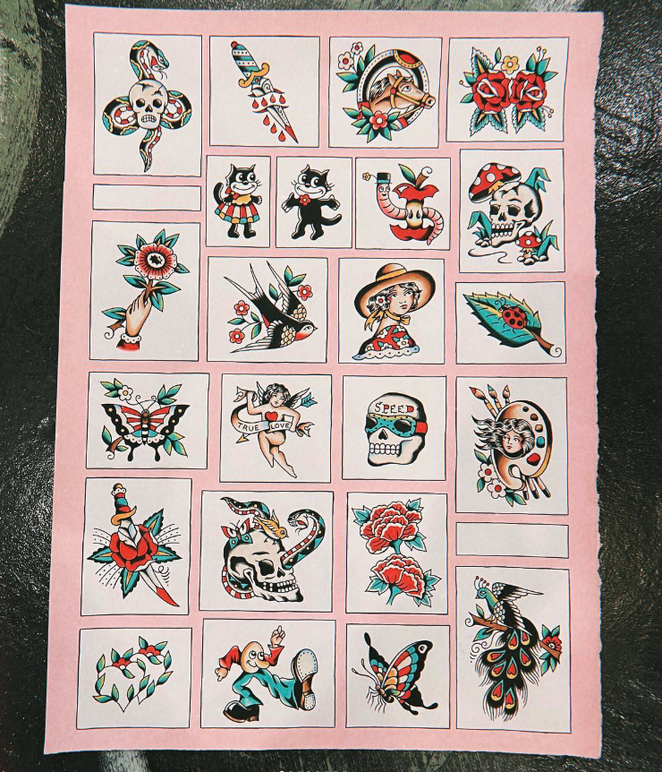 Sheet of traditional-style tattoo flash art with colorful designs including skulls, flowers, animals, a woman, a girl, a butterfly, and other motifs.