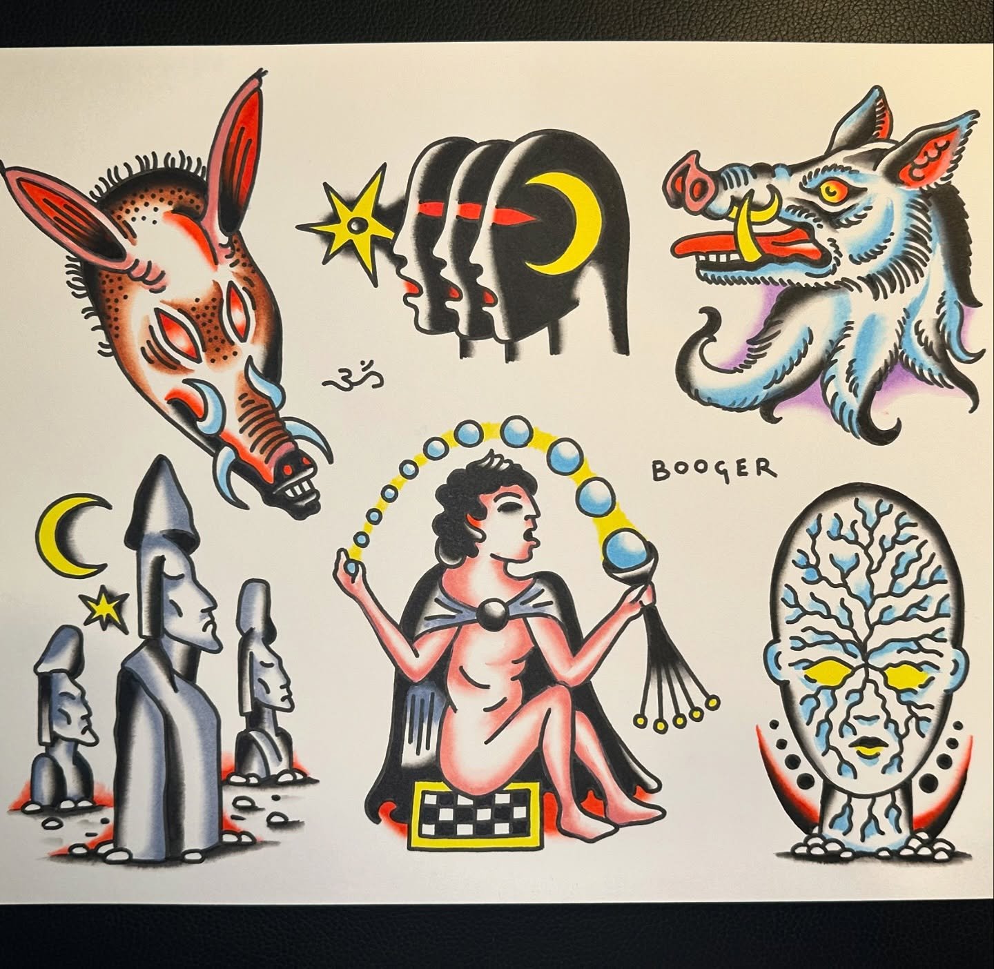 A collection of tattoo-style illustrations featuring a wolf, a demonic pig head, a multi-headed figure with a crescent moon, a wolf with a nose ring, a woman with a pearl necklace, moon, star, and sun symbols, and a stylized human face with tree-like