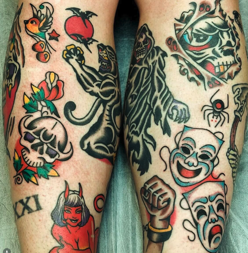 Tattooed arms featuring various designs, including a tiger holding an apple, a skull with colorful designs, a smiling clown mask, a devil woman, a spider, and other colorful traditional tattoo elements.