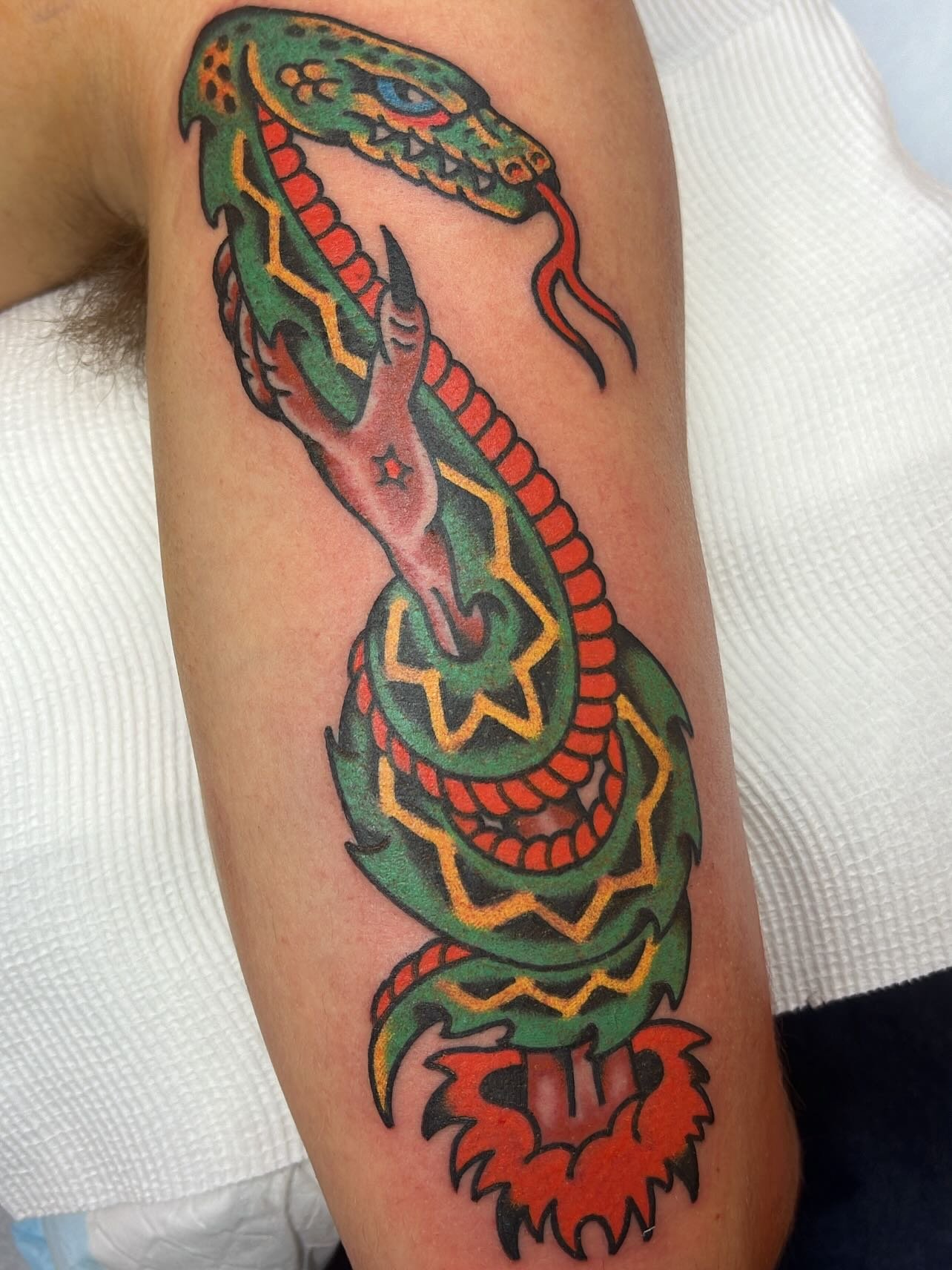A colorful tattoo of a snake with intricate patterns and bright colors, wrapping around the arm.