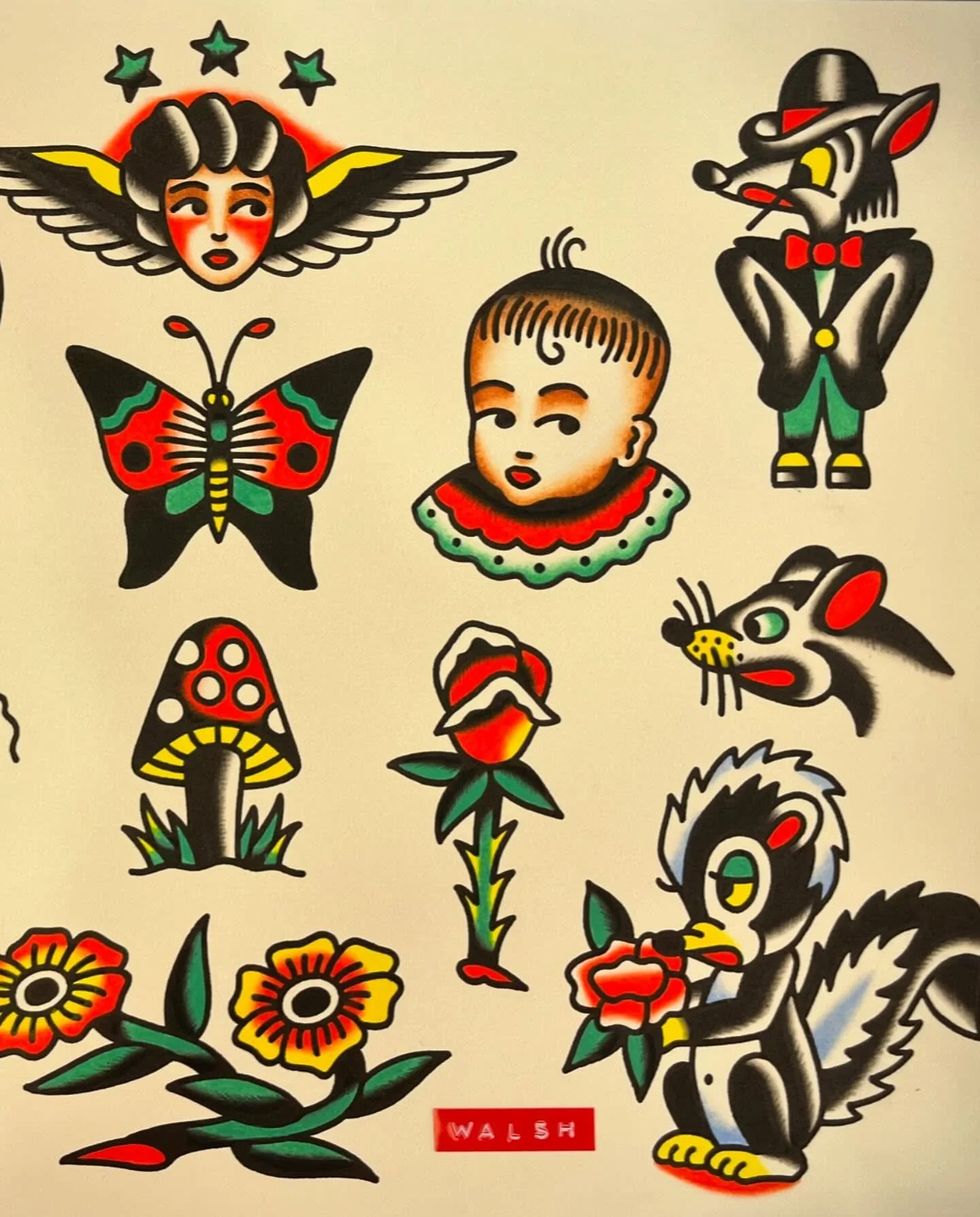 Tattoo sheet featuring traditional American style designs, including a winged woman with three stars above her head, a butterfly, a boy's face, a dog dressed as a man with a hat and bow tie, a rat, a mushroom, a rose, a skunk, and a possum holding a 