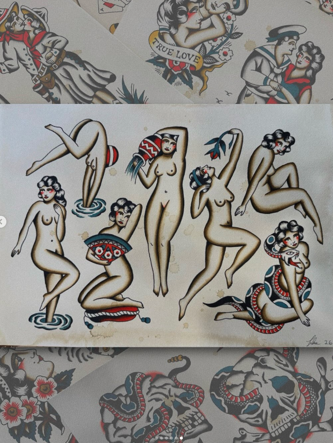 Traditional American-style tattoo art featuring seven pin-up style women with dark hair, some holding props, with elements like a snake, flowers, and a skull.