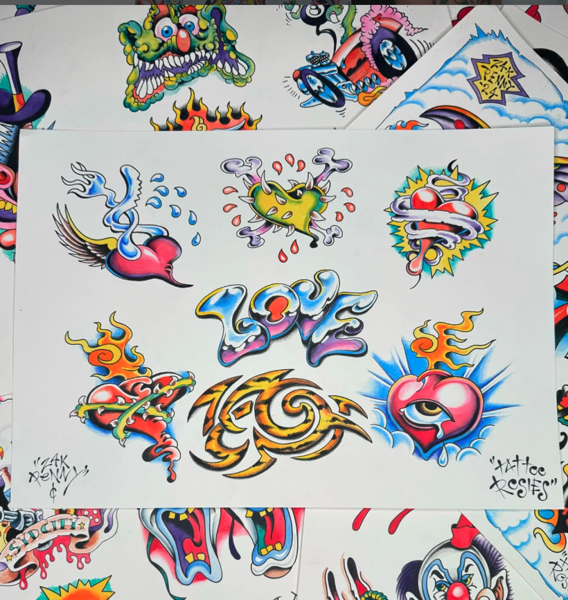 Collection of colorful tattoo-style illustrations featuring hearts, smoke, flames, and stylized text, with a variety of vibrant and cartoonish designs.