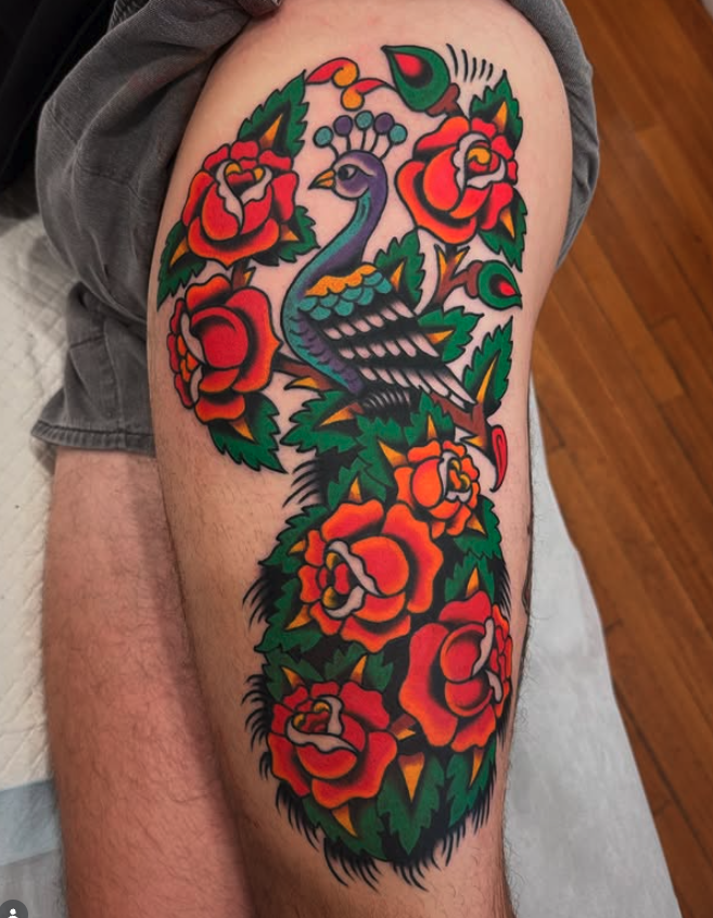 Traditional colour peacock and roses tattoo made by Benjamin Hastings at Tattoo Rosies, Surry Hills, Sydney 