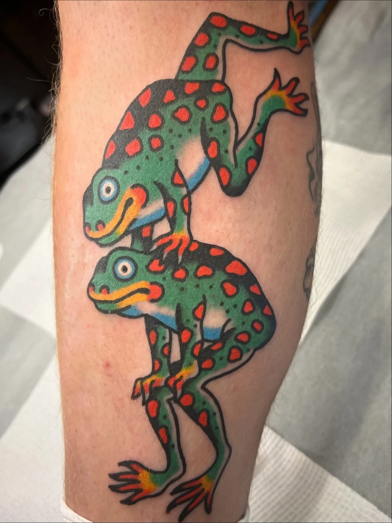 Tattoo of two stylized green lizards with red spots, facing each other, on a person's arm.