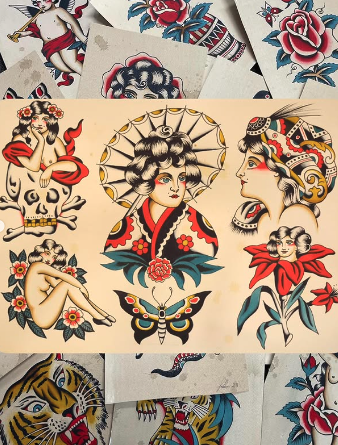 Collection of traditional-style tattoo flash art featuring women, skulls, a butterfly, a tiger, a snake, and flowers in bold colors and classic tattoo motifs.