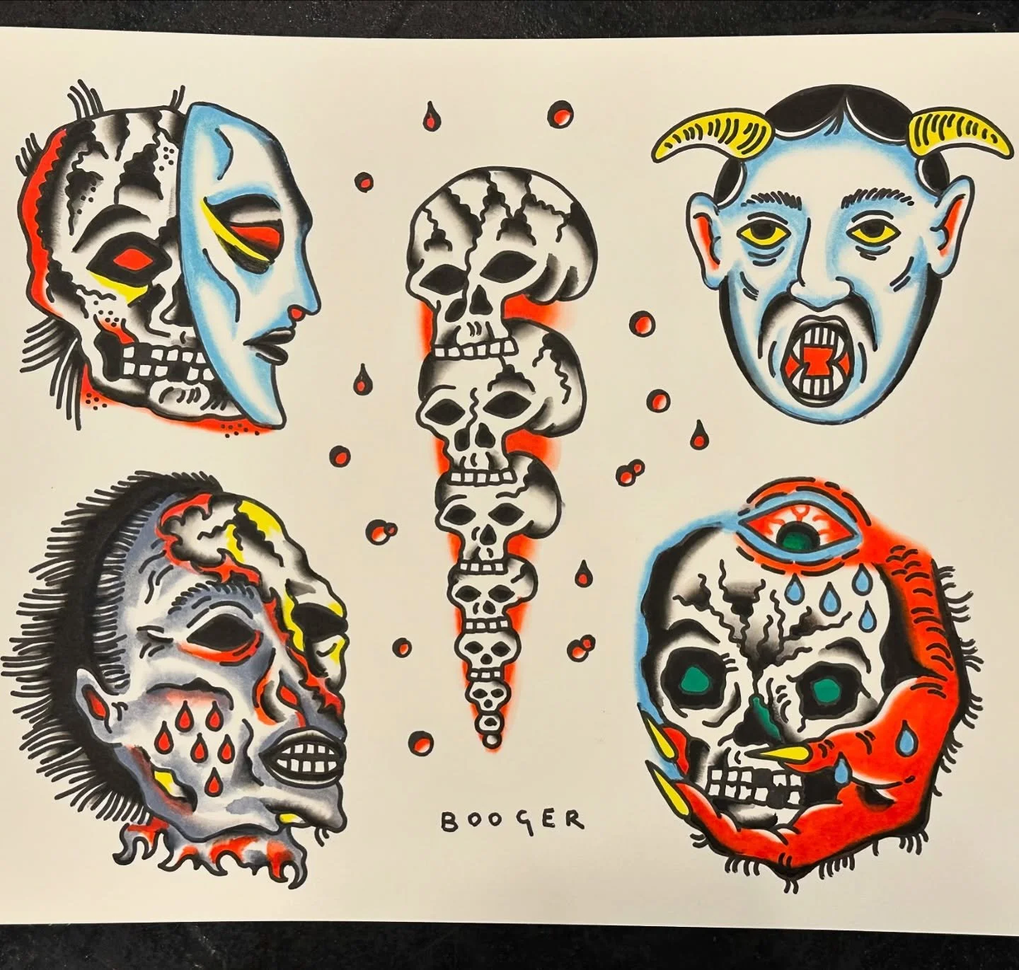 A collection of six stylized creepy artwork featuring faces, skulls, and a hanging chain of skulls, with a central chain of skulls and drops of red and black surrounding the images.