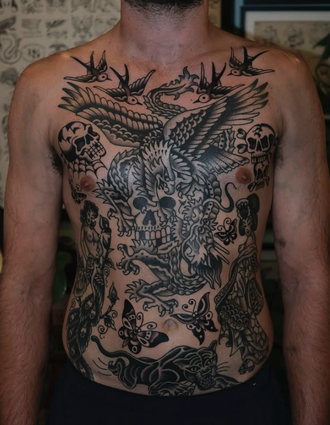 Traditional black and grey front torso tattoos made by Benjamin Hastings at Tattoo Rosies, Surry Hills, Sydney 