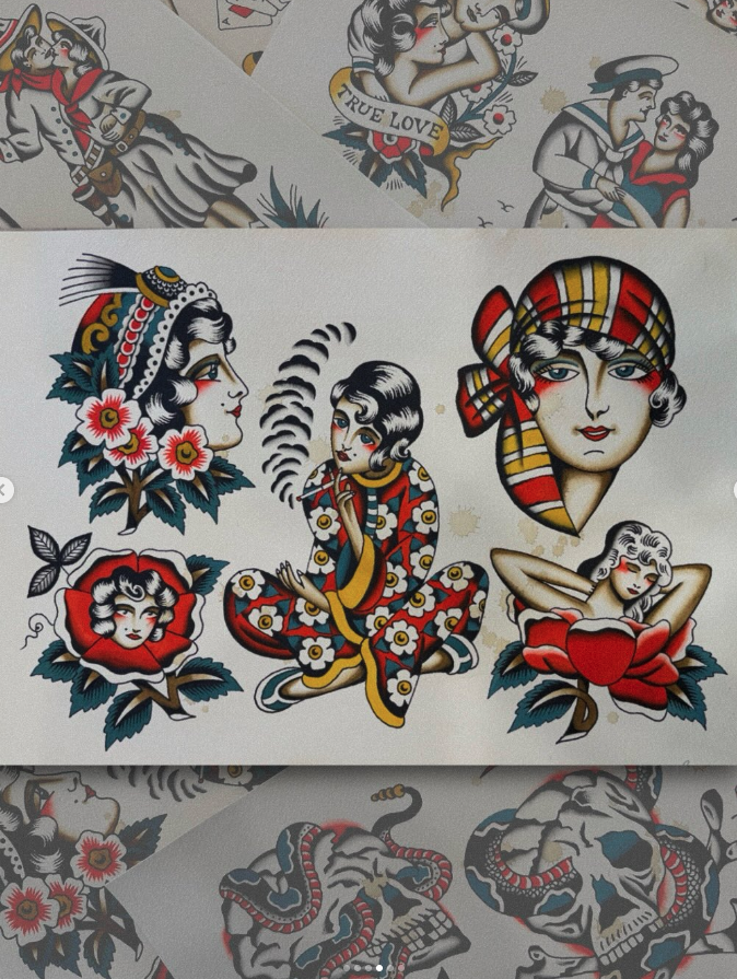 A collection of traditional tattoo-style illustrations featuring women with floral and skull motifs and the phrase "True Love".