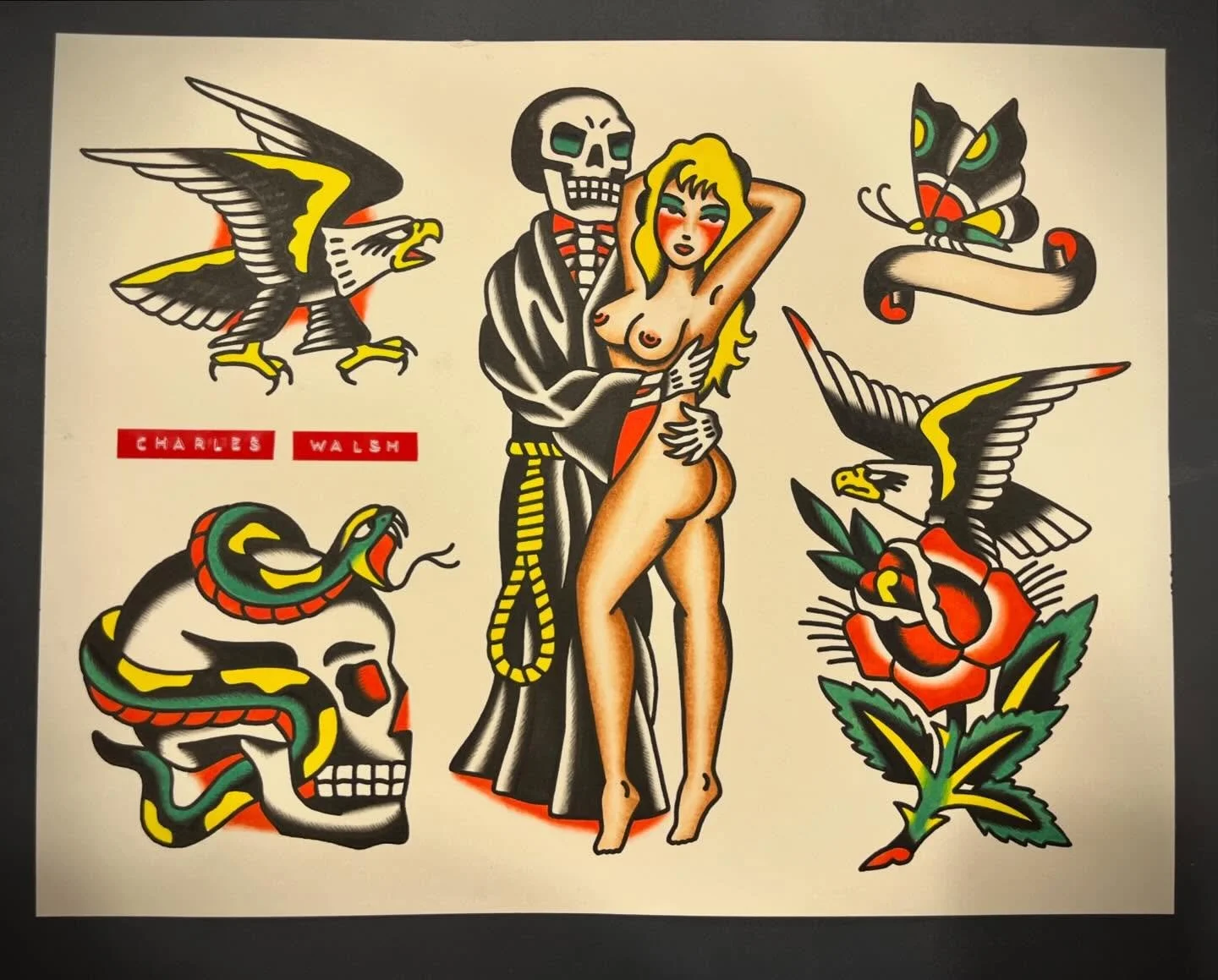 A collection of traditional tattoos including a skull, a snake coiled around a skull, an eagle, a woman with blonde hair and red cheeks, a butterfly with a ribbon, and the name 'Charles Walsh' written on a bar. The tattoo style is bold and colorful w