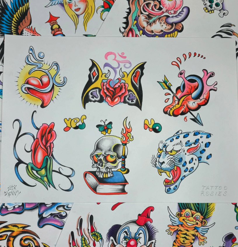 Collection of traditional American tattoo flash art featuring hearts, bats, butterflies, skulls, a leopard, and various colorful designs.