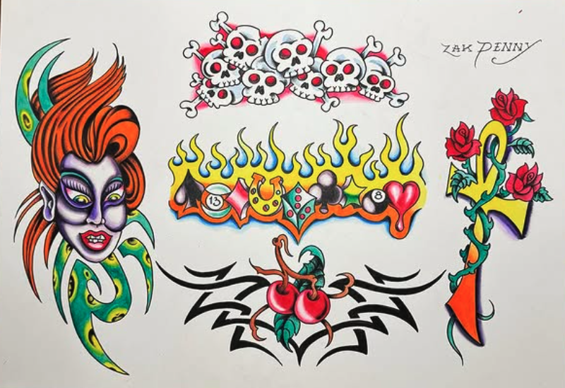 Collection of colorful tattoo-style drawings including a woman with purple skin and orange hair, skulls with crossbones, flames surrounding numbers, a cherry with leaves, and roses entwined with a letter 'V'.