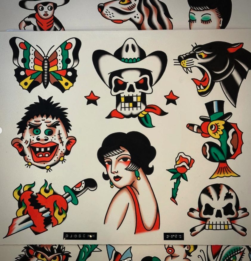 Tattoo flash sheet featuring Day of the Dead motifs, including skulls, a black panther, a woman with vintage styling, a fish with a top hat, a butterfly, and a dagger through a heart with flames.