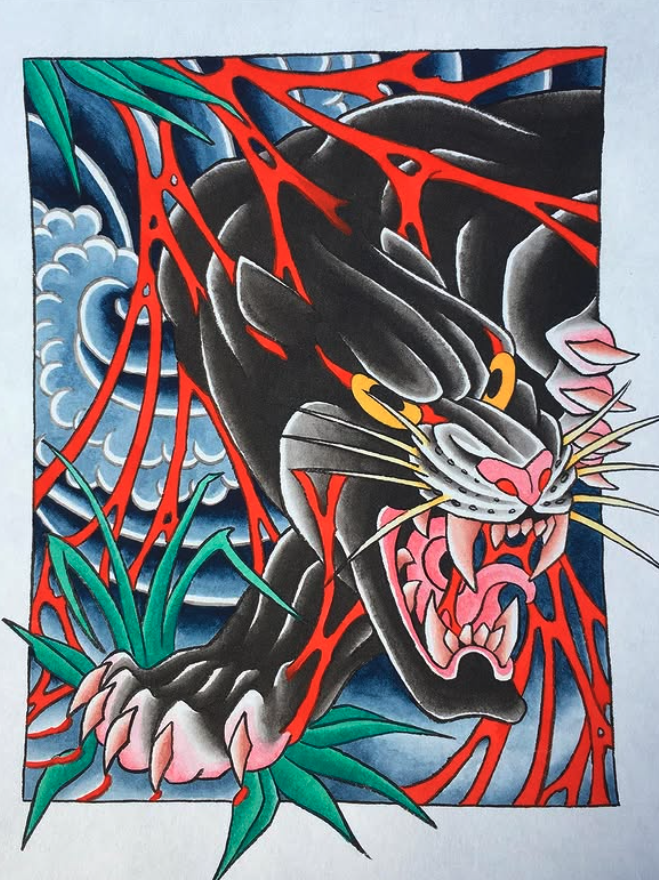 Colorful tattoo-style artwork of a black panther with yellow eyes and an open mouth, showing sharp teeth, surrounded by red and blue vines and green leaves.