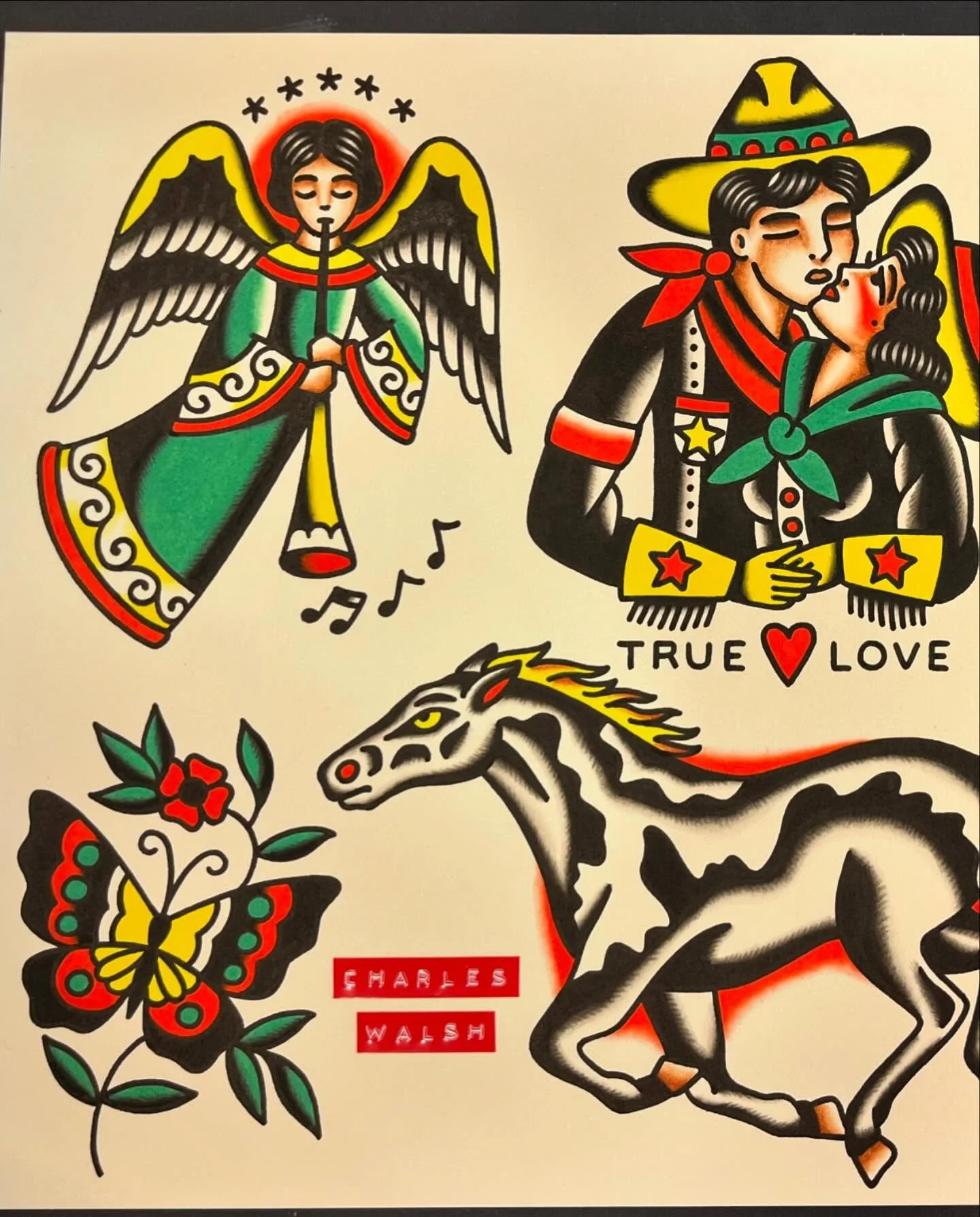 A colorful tattoo-style illustration depicting an angel with black hair, wings, and a halo, holding a trumpet and singing musical notes; a cowboy and cowgirl sharing a kiss, with the words "True Love" and a red heart below them; a stylized black and 