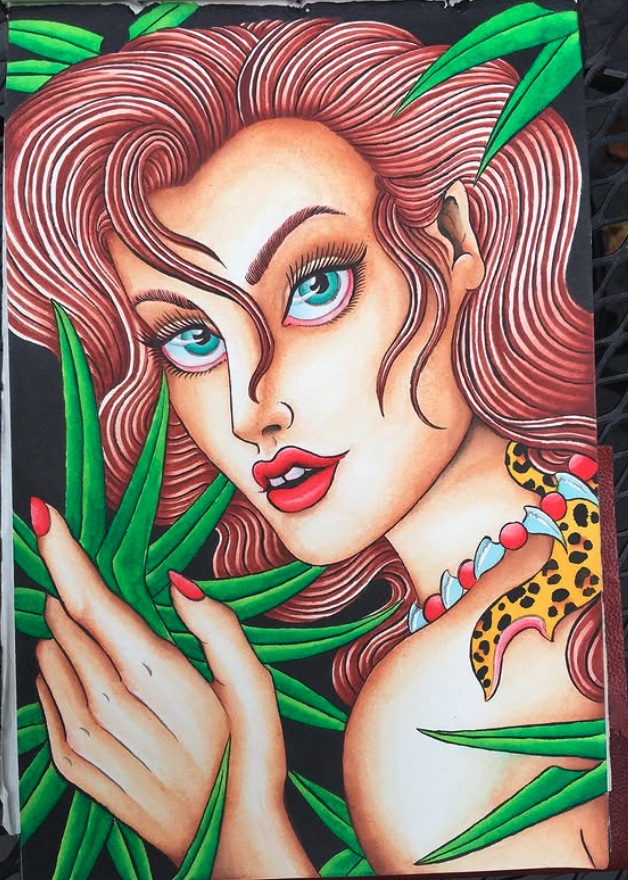 Illustration of a woman with wavy pink hair, bright blue eyes, red lipstick, and green eyeshadow, holding green leaves, with a leopard print bow and necklace, against a black background.