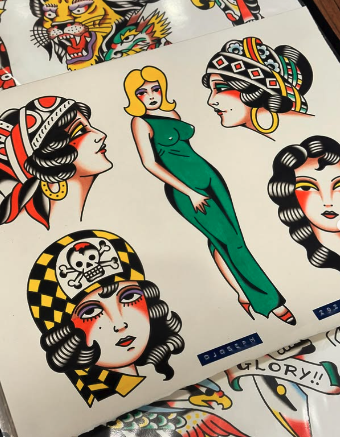 Collection of tattoo-style illustrations featuring women, including one with long dark hair and a yellow and black checkered bandana with a skull, and another with a headscarf and large hoop earrings, along with a woman in a green dress and other wom