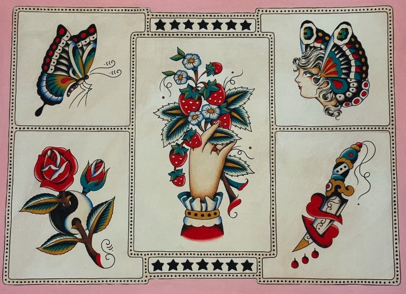 Traditional tattoo-style artwork featuring a butterfly, a woman's face with a butterfly hairstyle, a guitar, and a bouquet of strawberries and flowers in a hand. Each design is framed separately, with decorative borders and star patterns.