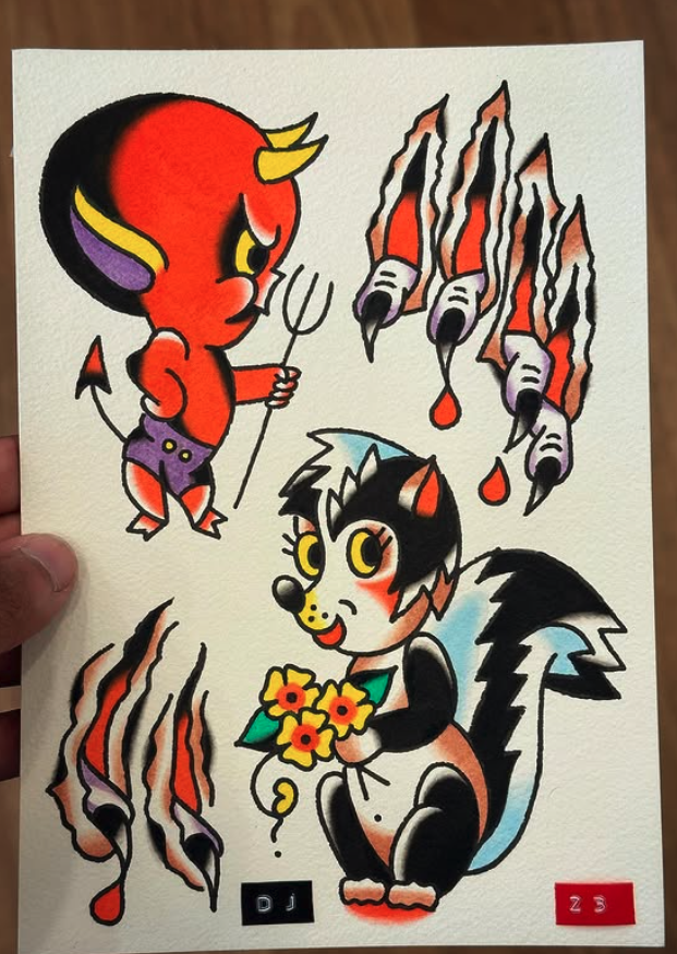 Colorful cartoon illustration of two anthropomorphic characters, a devil with red skin, horns, a pitchfork, and purple shorts, and a black and white fox holding flowers, surrounded by claw marks with blood drops.