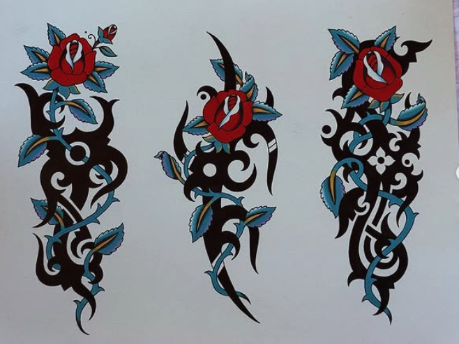 Tattoo designs featuring red roses with blue and black leaves and scrolls.