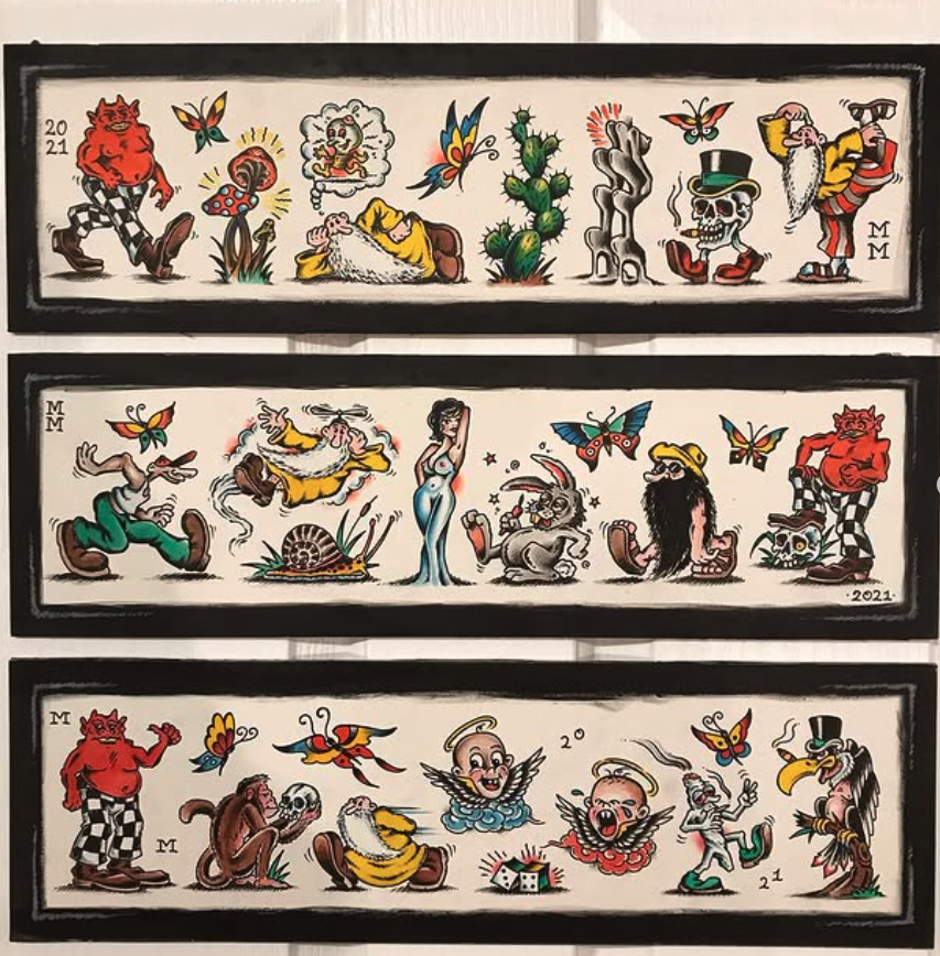 Three horizontal panels of colorful, cartoon-style images featuring various whimsical characters, including a devilish figure, butterflies, a sheep, a cactus, a skeleton with a top hat, a woman, a rabbit, snails, birds, a monkey, and an eagle, all in