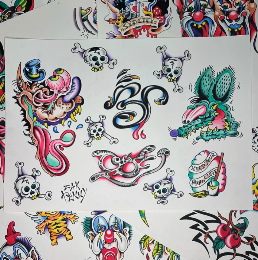 Collection of colorful tattoo-style illustrations including a dragon, a snake, a rabbit, a clown, a fox, and skulls with crossbones. Some images have bold outlines and vibrant colors.