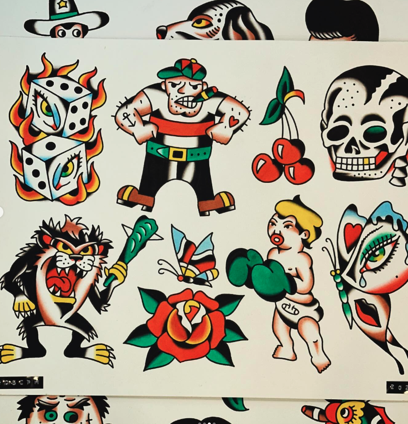A collection of traditional and tattoo-style illustrations, including a wizard, a tiger, a skull, cherries, a lion, a butterfly, a woman with boxing gloves, a rose, and a bubblegum bubble.