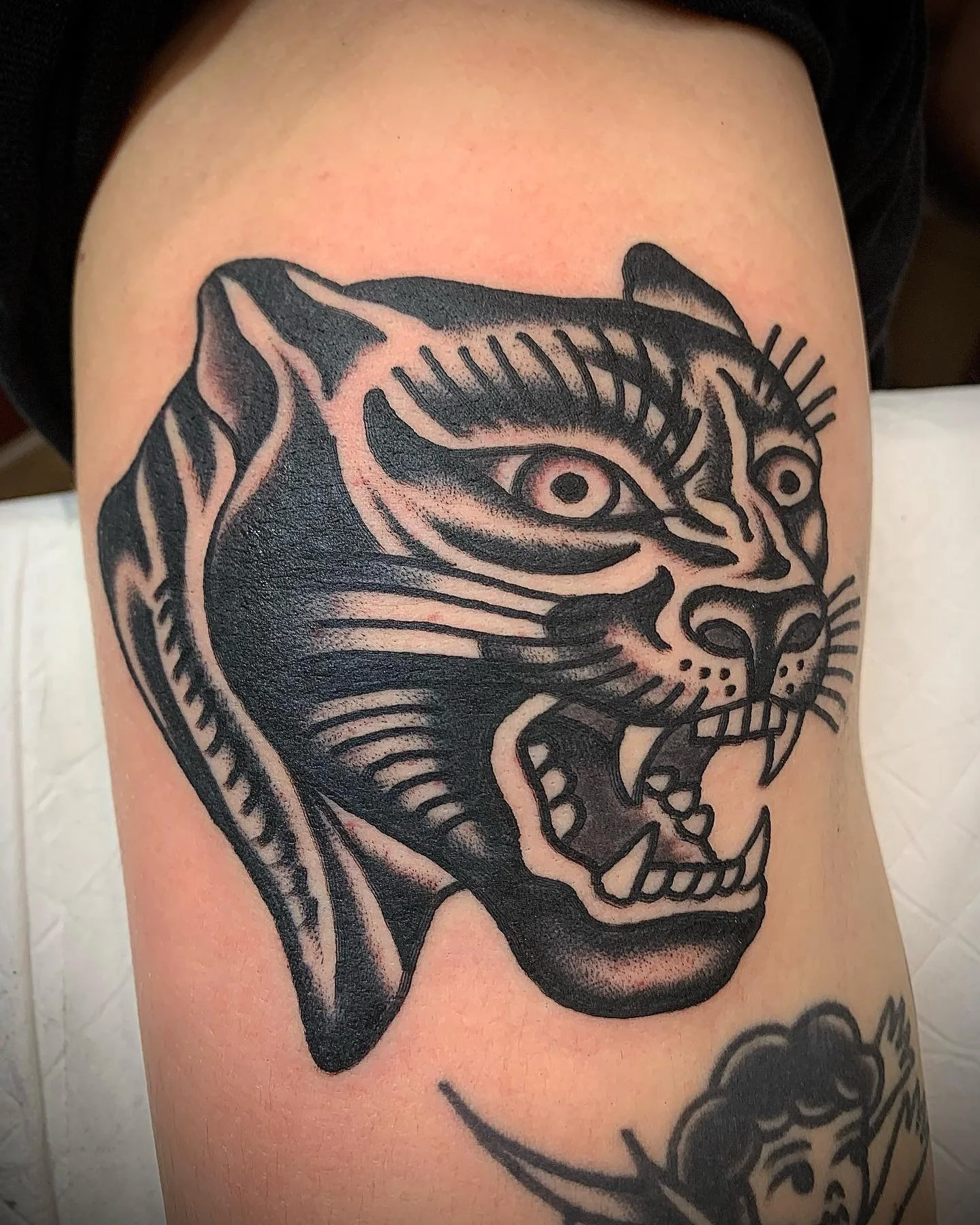 Black and gray tattoo of a roaring tiger's head on person's arm.